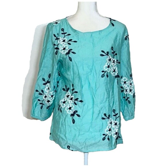 Kindred Teal Floral Embroidered Top Large Women's Blouse Anthropologie Boho - Picture 1 of 10